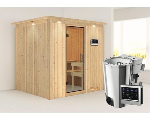 Sauna Plug & Play Karibu Achat VIII avec poêle bio 3,6 kW et commande externe, avec couronne et porte entièrement vitrée transparente