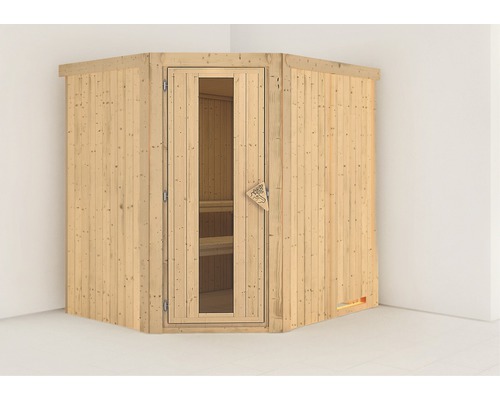 Sauna Plug & Play Karibu Silja sans poêle ni couronne, avec porte en bois et verre isolé thermiquement