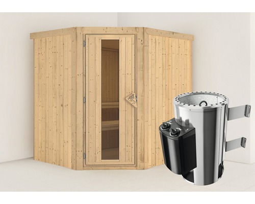 Sauna Plug & Play Karibu Silja avec poêle 3,6 kW et commande intégrée, sans couronne, avec porte bois en verre isolé thermiquement