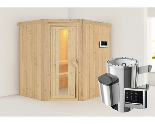 Sauna Plug & Play Karibu Silja poêle 3,6 kW et commande externe, sans couronne et porte en bois avec verre à isolation thermique