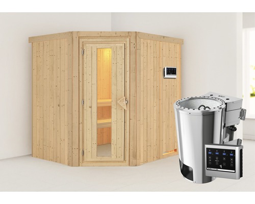 Sauna Plug & Play Karibu Silja poêle Bio 3,6 kW et commande externe, avec couronne et porte bois en verre isolé thermiquement