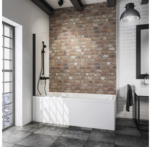 Salle de bains moderne avec baignoire, paroi de douche, robinetterie et lavabo