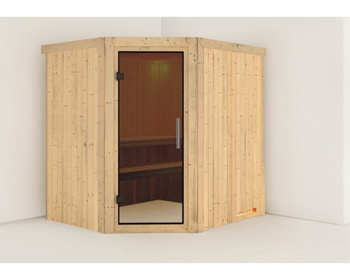 Sauna Plug & Play Karibu Silja sans poêle ni couronne, avec porte entièrement vitrée coloris graphite