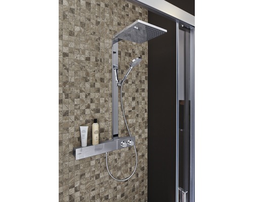 Système de douche avec douche de tête et douchette à main et tablette dans la salle de bain