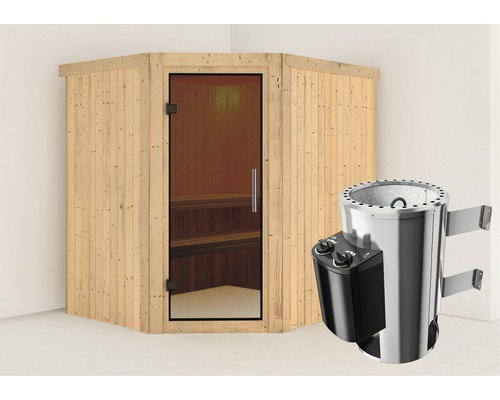 Sauna Plug & Play Karibu Silja avec poêle 3,6 kW et commande intégrée, sans couronne, avec porte entièrement vitrée coloris graphite