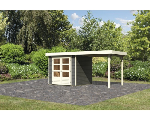 Abri de jardin Karibu Kodiak 2 avec extension de toit de 2,80 m 468x217 cm gris terre cuite