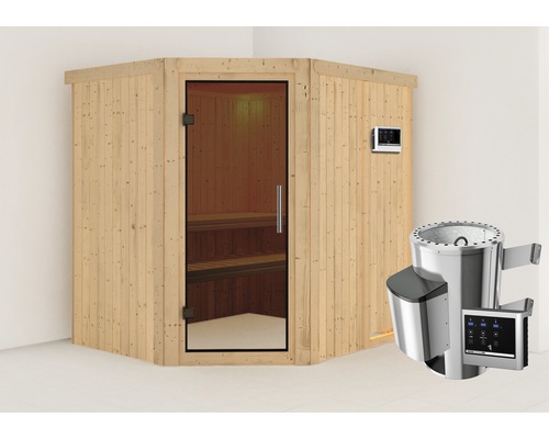 Sauna Plug & Play Karibu Silja avec poêle 3,6 kW et commande externe sans couronne, avec porte entièrement vitrée coloris graphite