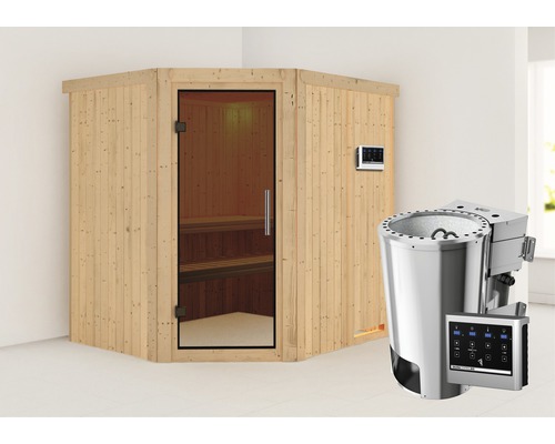 Sauna Plug & Play Karibu Silja avec poêle bio 3,6 kW et commande externe sans couronne, avec porte entièrement vitrée coloris graphite