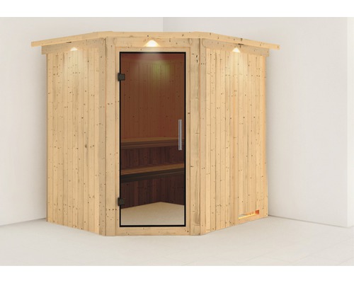 Sauna Plug & Play Karibu Achat VII sans poêle avec couronne et porte entièrement vitrée coloris graphite