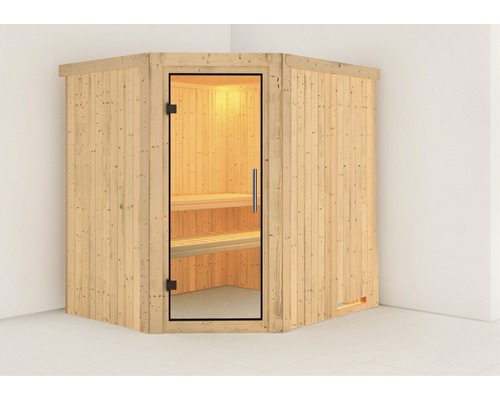 Sauna Plug & Play Karibu Silja sans poêle ni couronne, avec porte entièrement vitrée transparente