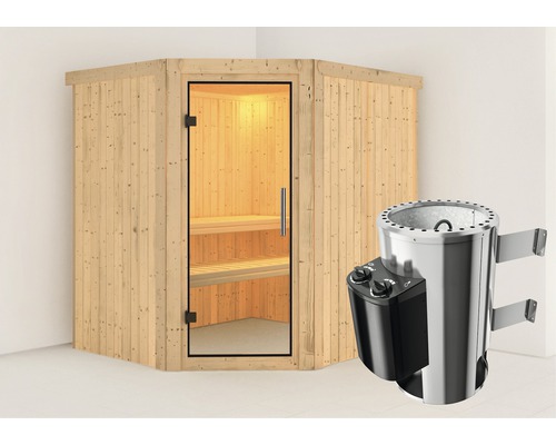 Sauna Plug & Play Karibu Silja avec poêle 3,6 kW et commande intégrée, sans couronne et avec porte entièrement vitrée transparente