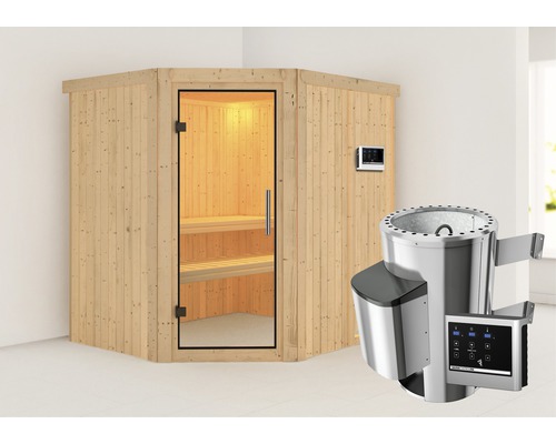 Sauna Plug & Play Karibu Silja avec poêle 3,6 kW et commande externe sans couronne et avec porte entièrement vitrée transparente