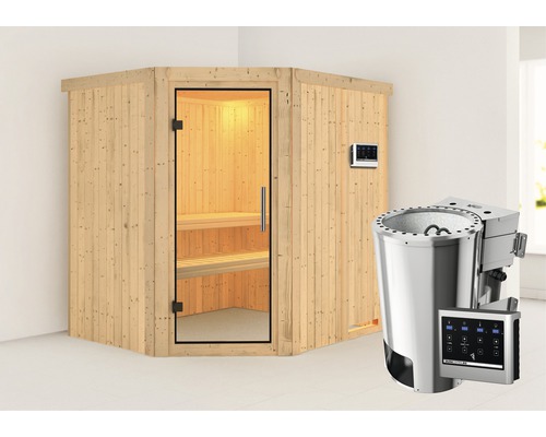 Sauna Plug & Play Karibu Silja avec poêle bio 3,6 kW et commande externe sans couronne et avec porte entièrement vitrée en verre transparent