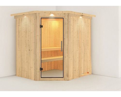 Sauna Plug & Play Karibu Achat VII sans poêle avec couronne et porte entièrement vitrée transparente