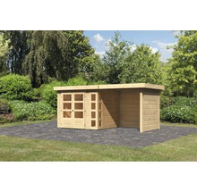 Gartenhaus Karibu Naomi 3 mit seitlichem Anbau 2,4 m und Seiten- und Rückwand 508 x 238 cm natur