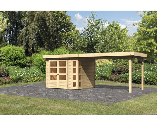 Abri de jardin Karibu Naomi 3 avec extension latérale de 2,80 m 497x217 cm naturel