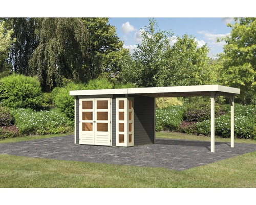 Abri de jardin Karibu Naomi 3 avec extension latérale de 2,80 m 497x217 cm gris terre cuite