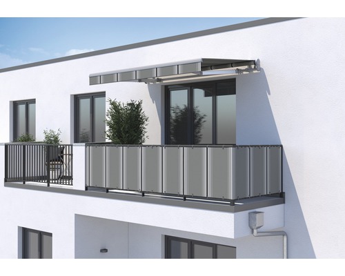 Brise-vue de balcon SOLUNA h:95 cm dessin A131 (au mètre) Vue d''un bâtiment avec balcon, habillage de balcon et store