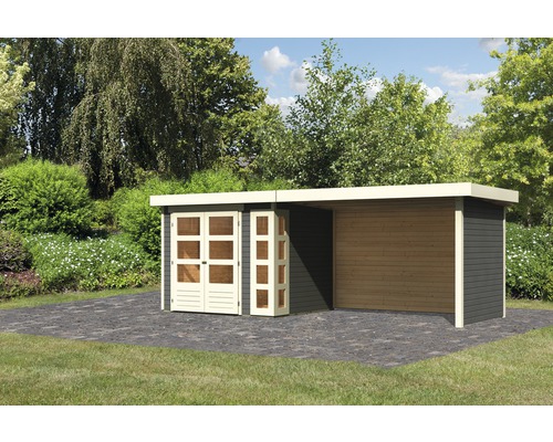 Gartenhaus Karibu Naomi 3 mit seitlichem Anbau 2,8 m und Seiten- und Rückwand 497 x 217 cm terragrau