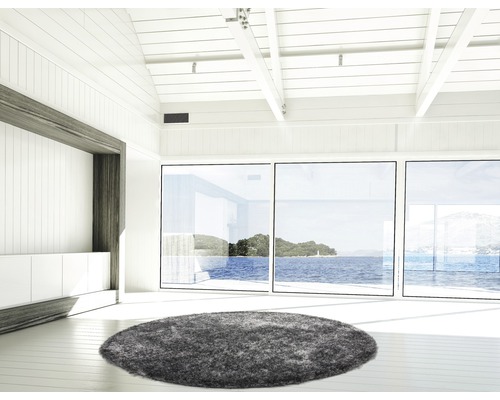 Pièce lumineuse avec une grande fenêtre et un tapis rond