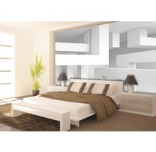 Chambre moderne avec lit, tables de chevet, lampes et décoration murale abstraite