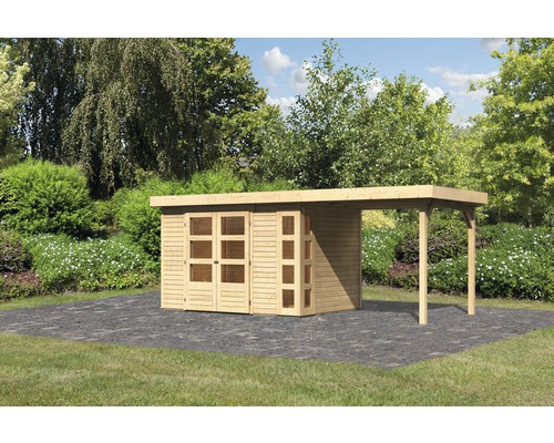 Holzgartenhaus mit Anbau im Garten