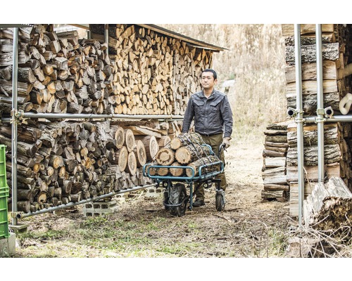 Mann transportiert Holzscheite mit einer Schubkarre vor einem Holzstapel.