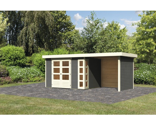 Gartenhaus Karibu Naomi 4 mit Anbau 2,4 m, Rück- und Seitenwand 526 x 217 cm terragrau