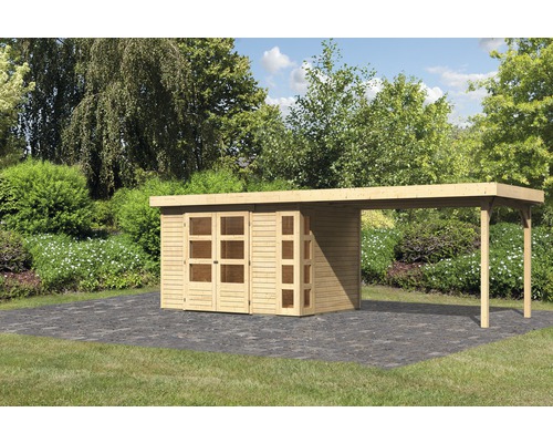 Abri de jardin Karibu Naomi 4 avec extension latérale de 2,80 m 591,5x238 cm naturel