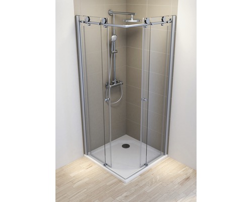 Cabine de douche d''angle avec ensemble de douche dans la salle de bain