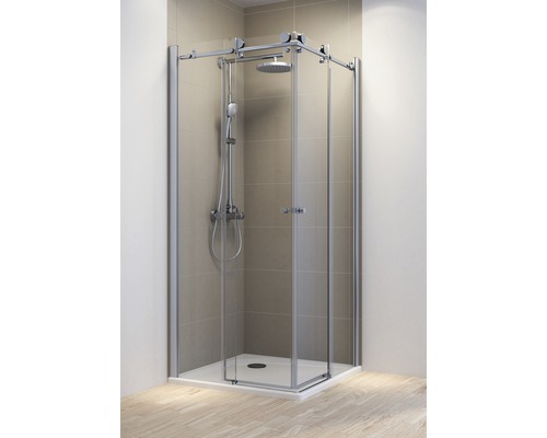 Douche accès d'angle avec porte coulissante Schulte MasterClass 100x100 cm verre transparent couleur du profilé chrome