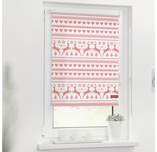 Rollo mit weihnachtlichem Muster aus Hirschen, Tannenbäumen und Herzen am Fenster