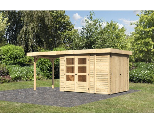 Abri de jardin Karibu Karola 2 avec armoire modulaire et extension de 2,40 m 508x217 cm naturel