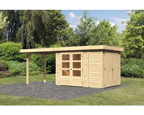 Gartenhaus Karibu Karola 2 mit Anbauschrank und Anbau 2,80 m 543 x 217 cm natur