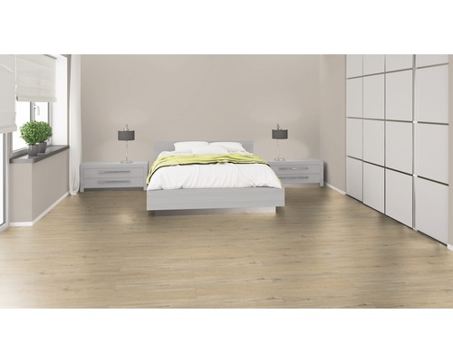 Chambre à coucher lumineuse avec plancher en bois, lit, tables de chevet, lampes, plantes et armoire