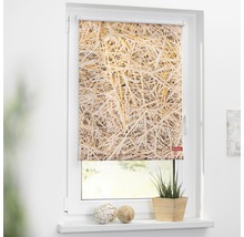 Rollo mit Strohmotiv am Fenster