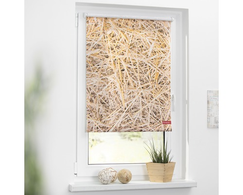 Rollo mit Strohmotiv am Fenster