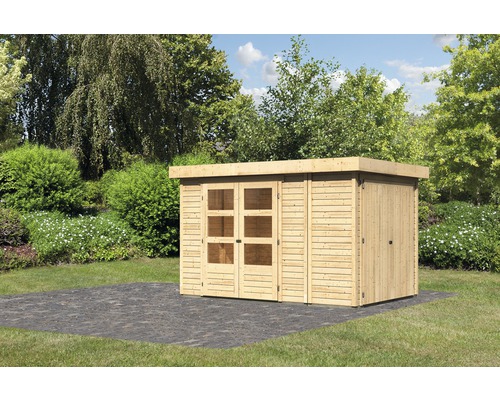 Abri de jardin Karibu Karola 3 avec armoire modulaire 342 x 238 cm naturel Abri de jardin en bois avec double porte et fenêtres