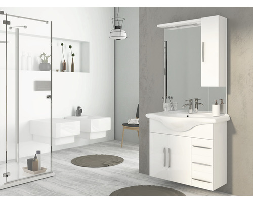 Set de meubles de salle de bains Baden Haus Aida lxhxp 85 x 173 x 50 cm couleur de façade blanc haute brillance avec vasque céramique blanc et meuble sous vasque vasque miroir avec éclairage LED armoire murale