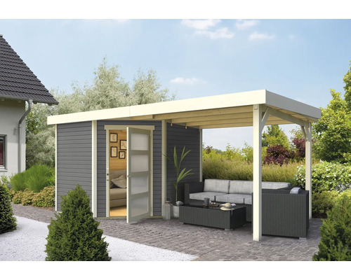 Gartenhaus Karibu Anvik 5 mit Schleppdach 462 x 246 cm terragrau