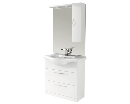 Meuble-lavabo blanc avec deux tiroirs, lavabo, miroir et armoire de toilette pour la salle de bains.