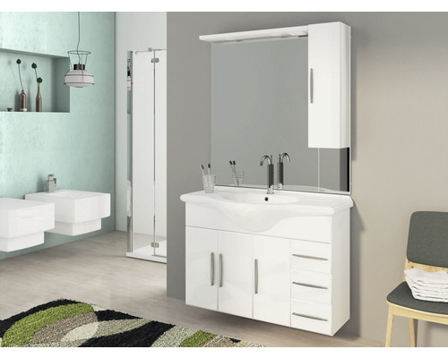 Badmöbel-Set Baden Haus Aida BxHxT 105 x 173 x 50 cm Frontfarbe weiß hochglanz mit Waschtisch Keramik weiß und Unterschrank Spiegel