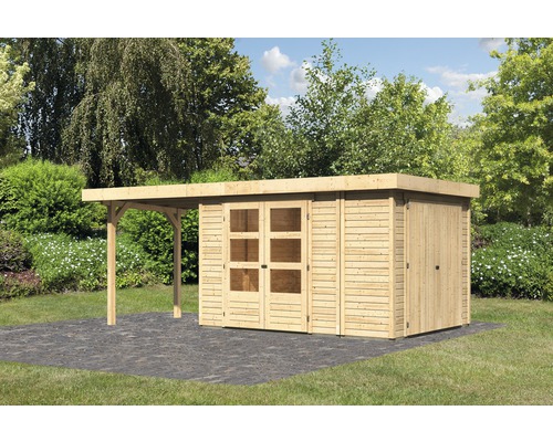 Abri de jardin Karibu Karola 4 avec armoire modulaire et extension de 2,40 m 319x242 cm naturel