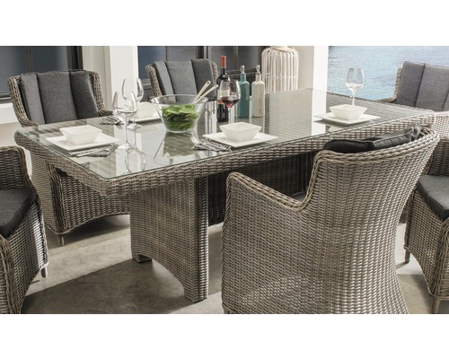 Groupe de salle à manger avec chaises en rotin et plateau en verre pour l''extérieur