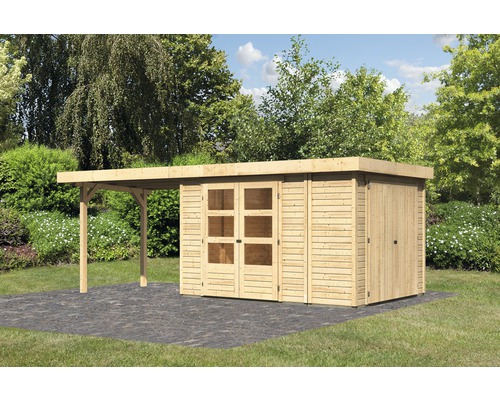 Abri de jardin Karibu Karola 4 avec armoire modulaire et extension de 2,80 m 572x242 cm naturel