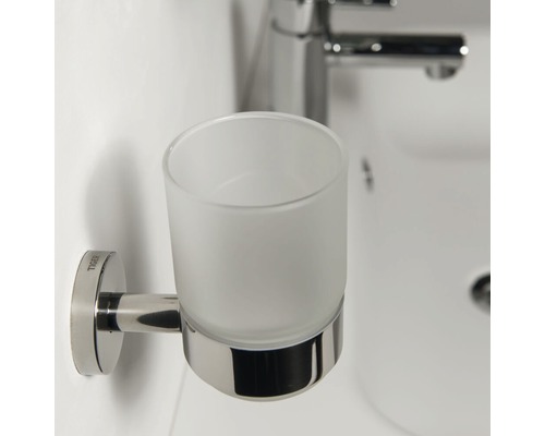 Wandhalterung mit Zahnputzbecher aus Glas und Metall