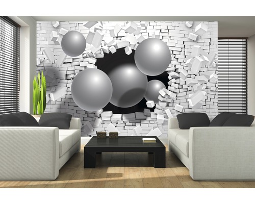 Salon avec un papier peint photo représentant un mur avec des sphères