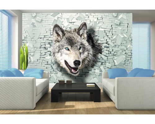 Salon avec papier peint photo représentant un motif de loup sortant d''un mur de briques
