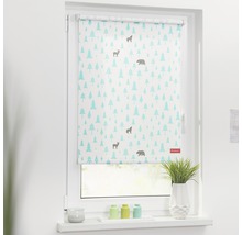 Fenster mit Rollo mit Bäumen und Tieren Muster