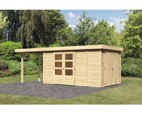 Abri de jardin Karibu Karola 6 avec armoire modulaire et extension de 2,40 m 597x246 cm naturel